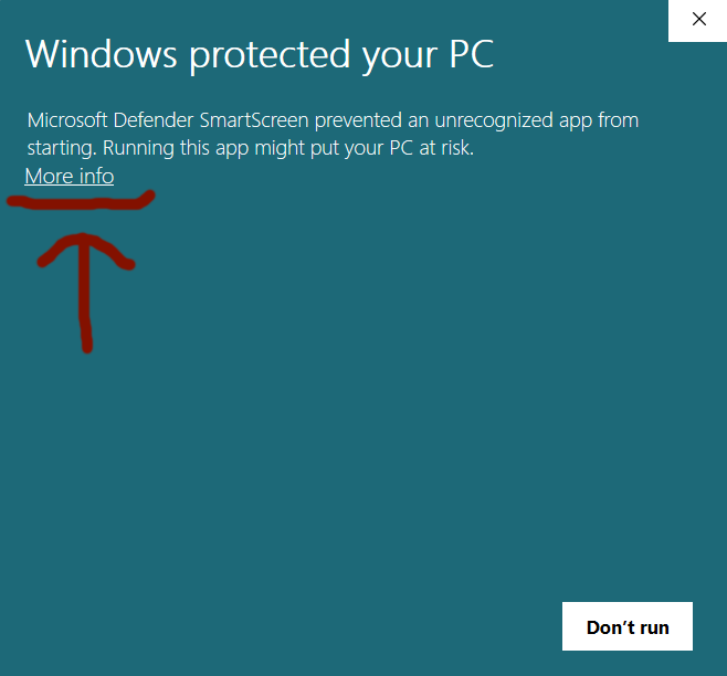 Microsoft Defender SmartScreen warning showing the More info link.