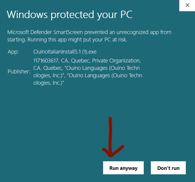 Microsoft Defender SmartScreen warning showing the Run anyway button and OUINO publisher information.